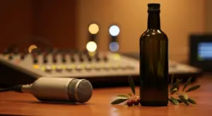 Microfono da studio radiofonico accanto a una bottiglia di olio extravergine e un ramo di olive — intervista a Nicola Matera di Tenute Matera